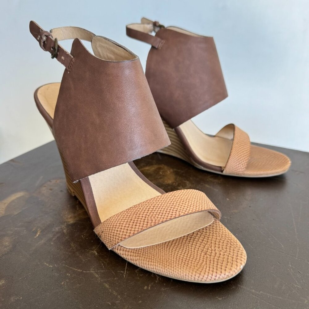 CL by Laundry Baja wedge pump sandals in taupe with beige snake print.